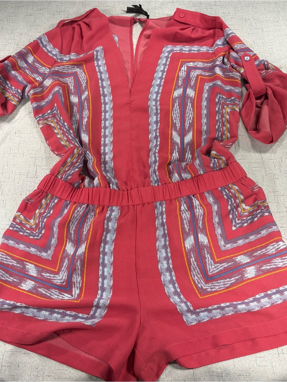 BCBG MAXAZRIA Patterned Short V-Neck Romper with Elastic Waist